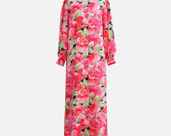 1960s Keyloun Maxi Dress from Saks Fifth Avenue | Pink and Green Floral Satin | Size Medium