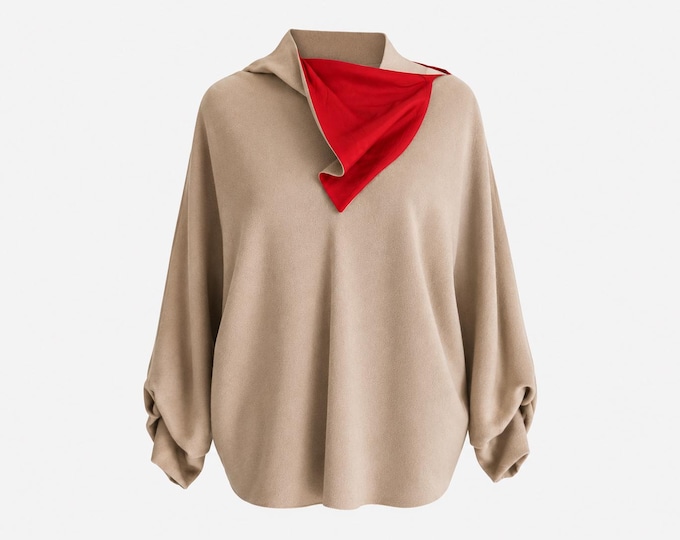 1980s Mark Heister Wool Blouse | Vintage Brown Top with Red Interior Silk Detail and Architectural Neckline