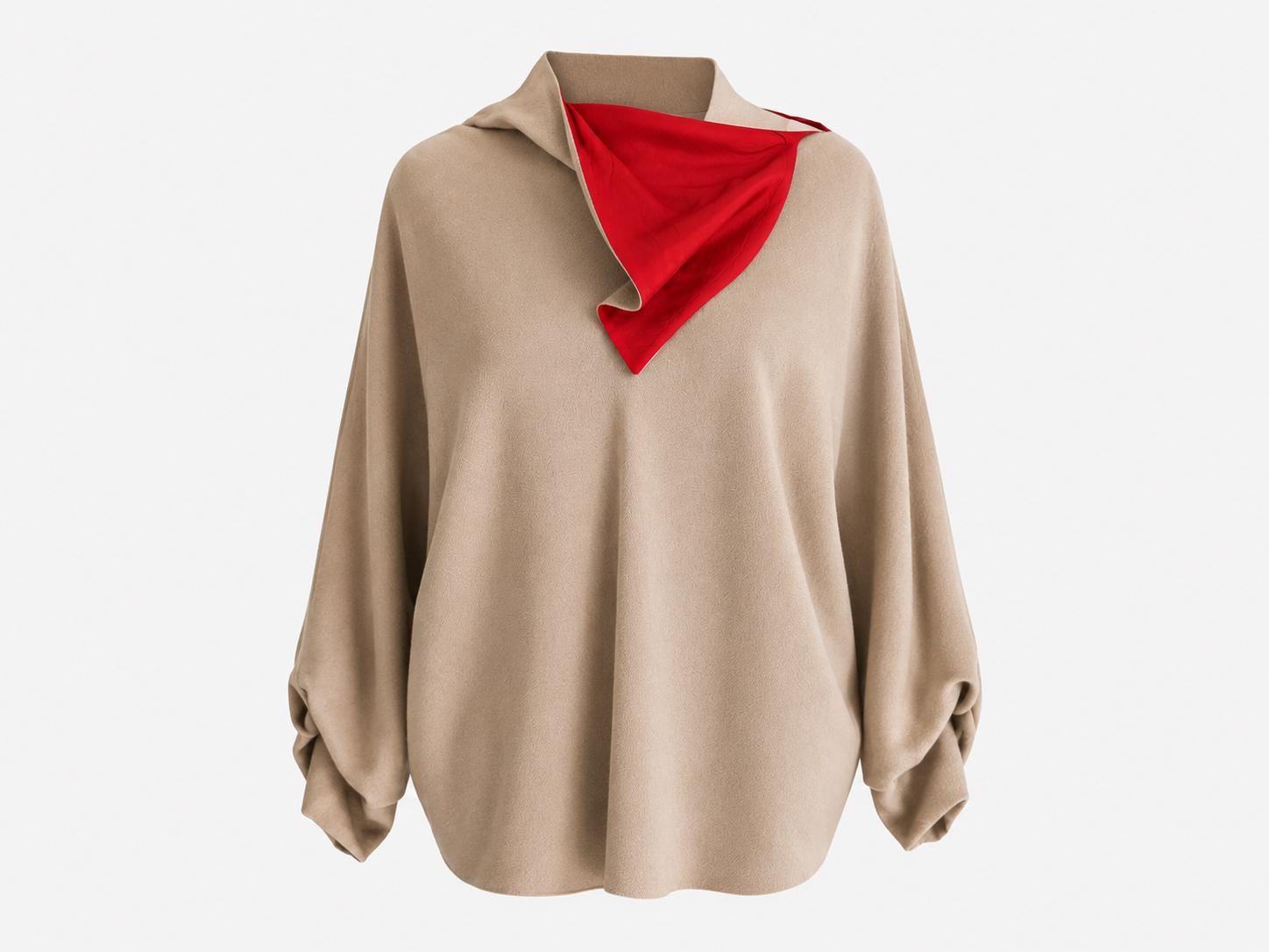 1980s Mark Heister Wool Blouse Vintage Brown Top with Red Interior Silk Detail and Architectural Neckline