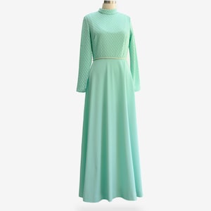 1970s Seafoam Green Maxi Dress: Vintage Pearl Detail Hostess Gown