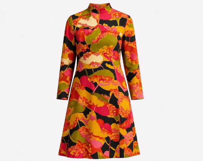 1960s Brenner Couture Mini Cocktail Dress | Abstract Floral Satin Fabric | Vintage Size 10 (Modern 6-8)