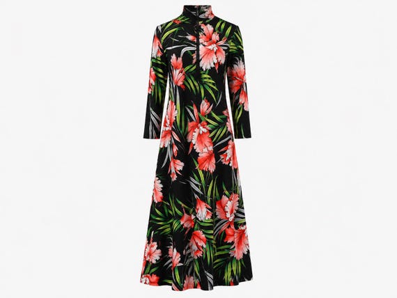 1970s David Brown Maxi Dress | Back, Red and Orange Tropical Floral Pattern | Size Small, Medium