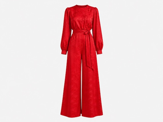 1980s Wide-led Jumpsuit by David Brown | Red Satin Fabric | Size Small