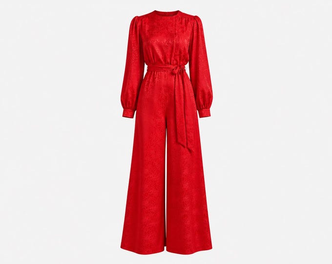 1980s Wide-led Jumpsuit by David Brown | Red Satin Fabric | Size Small