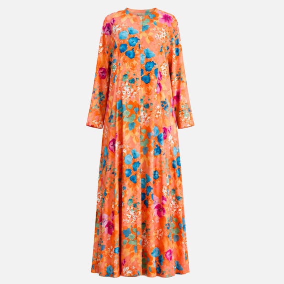 1980s David Brown Floral Cotton Maxi Dress | Vintage Lounge Gown | Day Dress