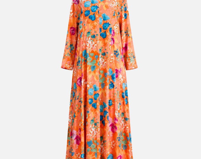 1980s David Brown Maxi Dress | Floral Cotton Lounge Gown | Size Large