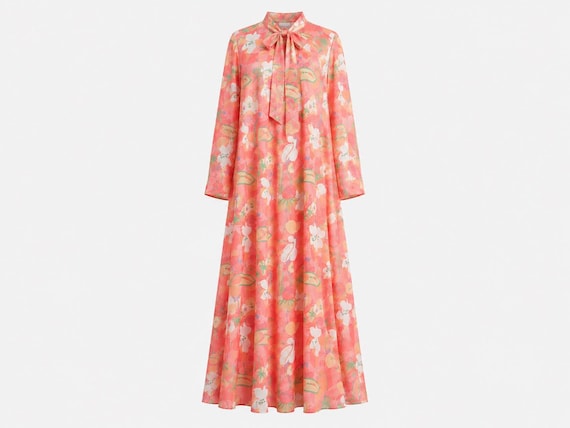 1970s Stella Fagin for Neiman Marcus Maxi Dress | Peach Floral with Bow | Size Medium
