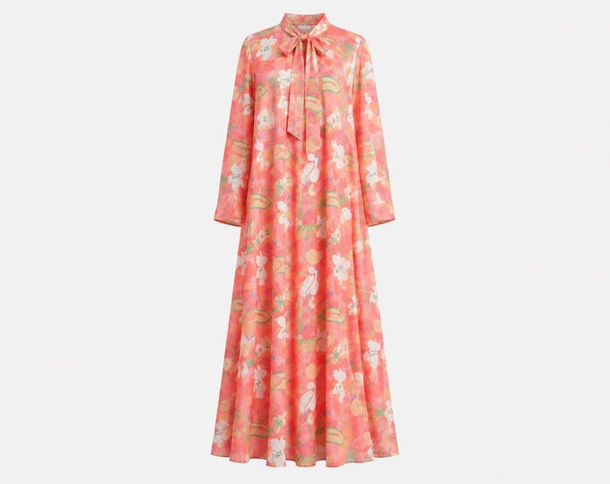 1970s Stella Fagin for Neiman Marcus Maxi Dress | Peach Floral with Bow | Size Medium