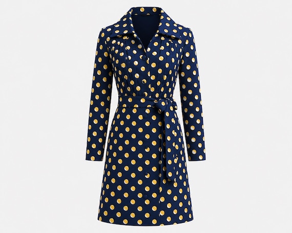 1960s Midi Day Dress | Navy Blue and Yellow Polka Dot Pattern | Will Fit Medium and Large