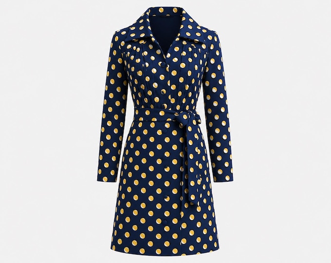 1960s Midi Day Dress | Navy Blue and Yellow Polka Dot Pattern | Will Fit Medium and Large