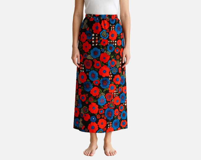 1970s Beverly Vogue Floral Maxi Skirt | Cotton Barkcloth | Will Fit Small/medium