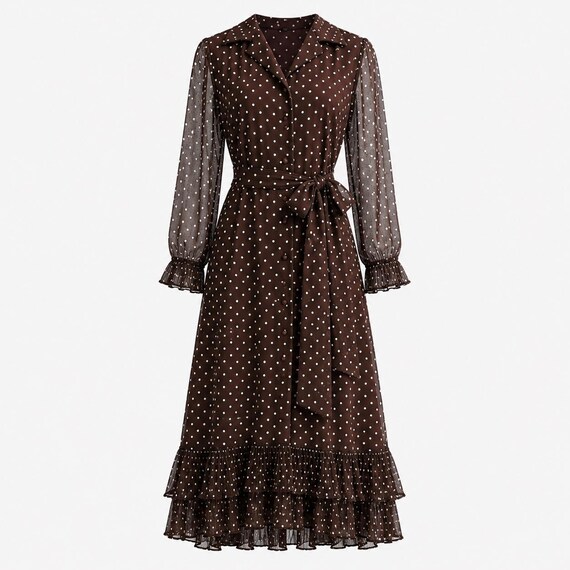 1970s Victor Costa Belted Shirtdress | Sheer Brown Polka Dot Fabric with French Pleats | Vintage Size 10 (Modern Size 8)