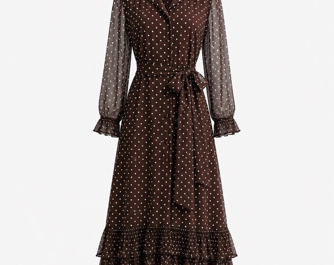 1970s Victor Costa Belted Shirtdress | Sheer Brown Polka Dot Fabric with French Pleats | Vintage Size 10 (Modern Size 8)