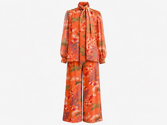 1960s Bill Tice Pantsuit Set | Silk Orange Tropical Print | Vintage Size 12 (Modern Size 10)