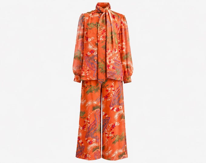 1960s Bill Tice Pantsuit Set | Silk Orange Tropical Print | Vintage Size 12 (Modern Size 10)