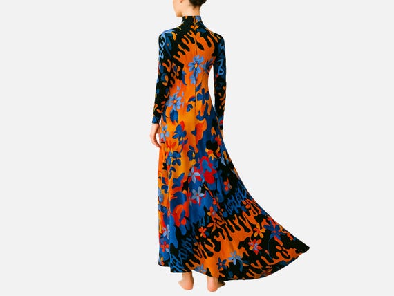 1970s Ivey's Fishtail Maxi Dress | Abstract Floral Print Fabric | Vintage Size 10 (Modern Size 6-8)