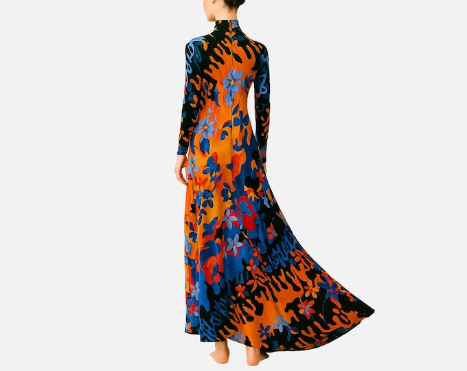 1970s Ivey's Fishtail Maxi Dress | Abstract Floral Print Fabric | Vintage Size 10 (Modern Size 6-8)