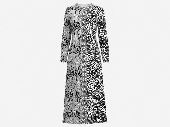 1970s Mr. Dino Maxi Dress | Black and White Mod Print | Vintage Size 10 (Modern Size 8)
