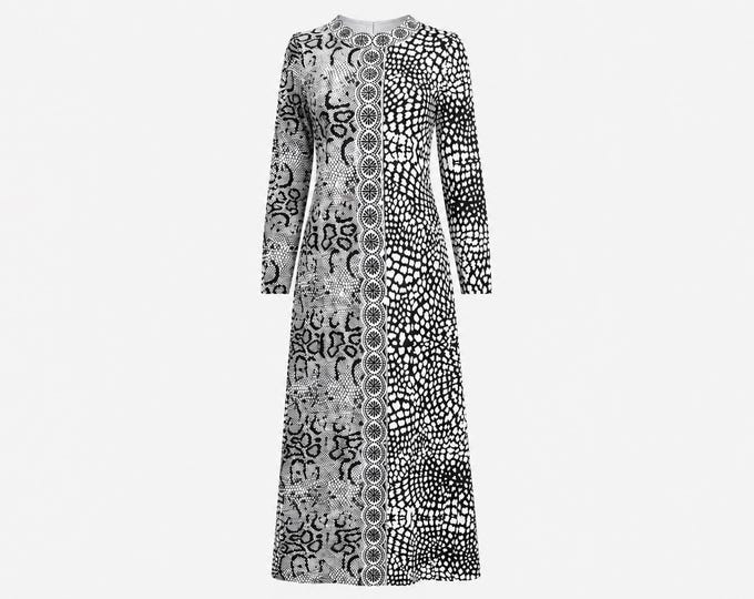 1970s Mr. Dino Maxi Dress | Black and White Mod Print | Vintage Size 10 (Modern Size 8)
