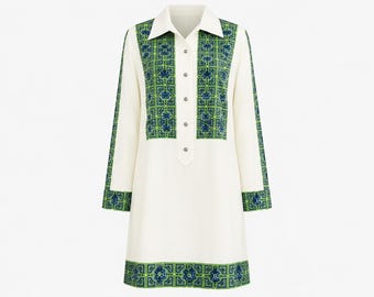 1970s Mr. Dino Gogo Mini Dress | Green & Blue Print | Vintage Size 10 (Modern Size 8)