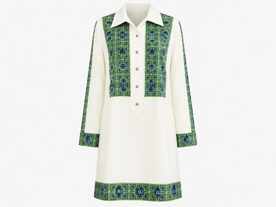1970s Mr. Dino Gogo Mini Dress | Green & Blue Print | Vintage Size 10 (Modern Size 8)