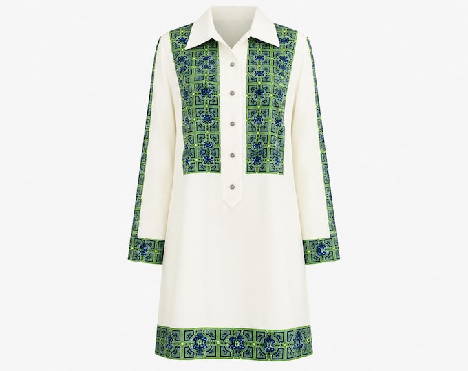 1970s Mr. Dino Gogo Mini Dress | Green & Blue Print | Vintage Size 10 (Modern Size 8)