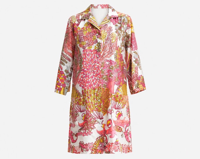 1960s Model's Coat Cotton Mini Dress | Ocean Print Patio Dress | Size Small
