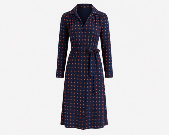 1970s Midi Day Dress | Navy Blue and Red Polka Dot Pattern | Size Medium
