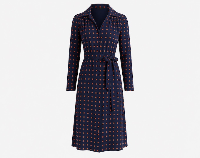 1970s Midi Day Dress | Navy Blue and Red Polka Dot Pattern | Size Medium