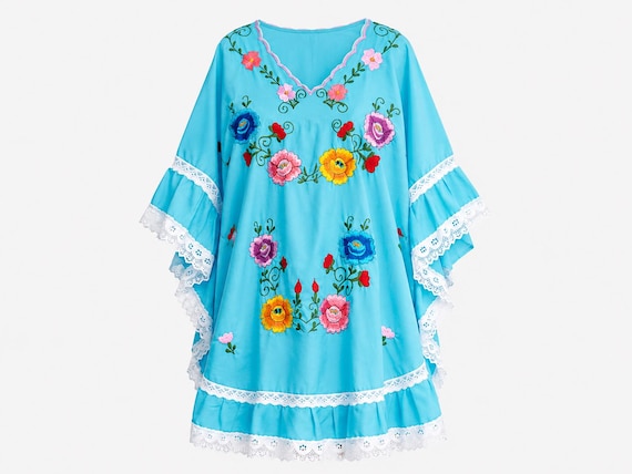 1970s Mini Caftan Tunic | Heavily Embroidered Cotton | Size Large