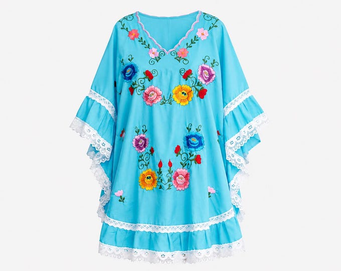1970s Mini Caftan Tunic | Heavily Embroidered Cotton | Size Large