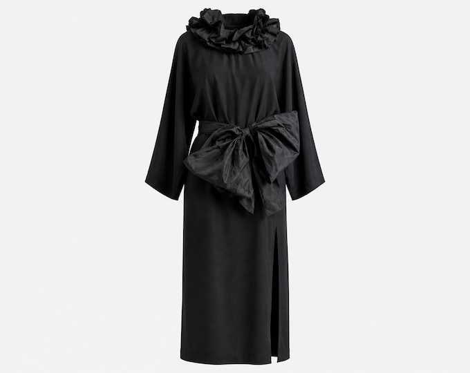1980s Guy Laroche Couture Little Black Cocktail Dress with Giant Bow | Black Satin Fabric | Size French 38, US 8, Will Fit Small-Medium