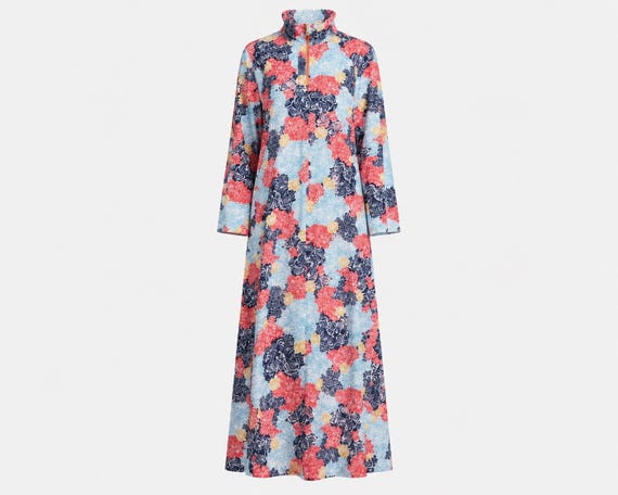 1970s Elaine Sklar Maxi Dress | Blue, Pink and Red Floral | Size Medium
