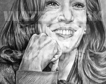 May include: A black and white pencil drawing of a woman with long hair smiling and holding her chin with her hand. She is wearing a dark jacket with a button.