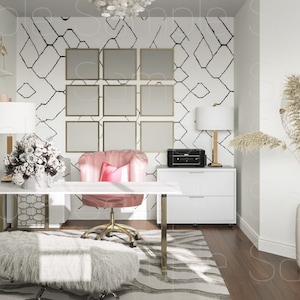 Peut inclure: Un bureau blanc avec des pieds dorés et une chaise blanche avec un coussin rose. Le bureau est dans un bureau à domicile avec des murs blancs et un papier peint à motifs géométriques. Il y a un vase avec des fleurs séchées et une lampe blanche sur le bureau.