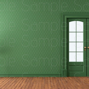 May include: A green room with a green door and a small table with a vase of orange flowers. The walls have a diamond pattern.