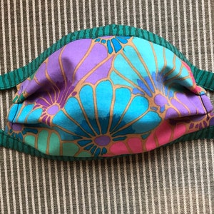 Face Mask Pleated Art Deco Novelty Print Turquoise Green Pink Ties
