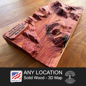 Custom Wood Topographic Map – Solid Walnut or Cedar 3D Relief Carving, Any Mountain or Trail