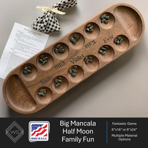 Half Moon Mancala | Big or Travel Size Board Game | Family Edition |  Customizable | Family Gift | African Stone Game