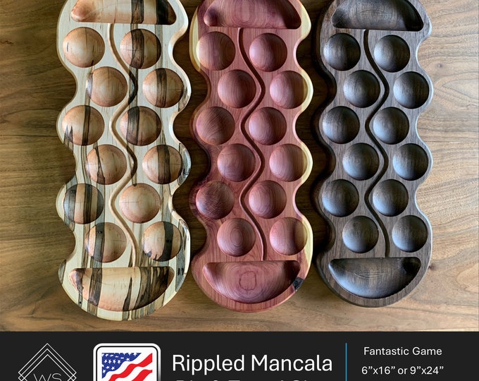 Rippled Mancala Board Game: Solid Wood, Half Moon Pockets (Big & Travel Sizes)