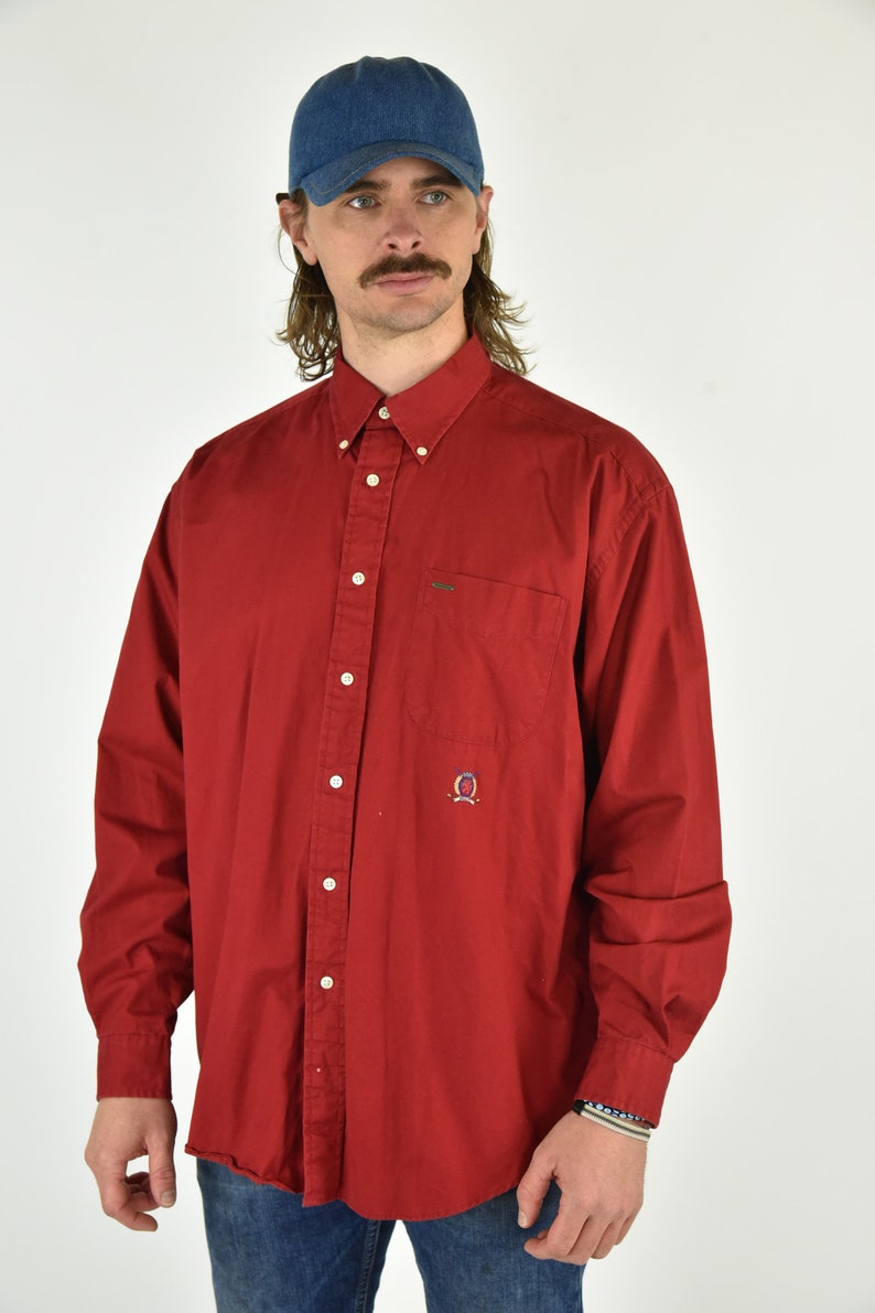 Vintage 90/'s Tommy Hilfiger Red Long Sleeve Button Down Shirt Size LG