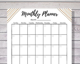 May include: A printable monthly planner with a brown and white striped header and a black and white grid. The planner has spaces for each day of the week, including Sunday, Monday, Tuesday, Wednesday, Thursday, Friday, and Saturday. The planner also has a section for notes. The text "Monthly Planner" is written in black cursive font. The text "Instant Download" is written in white text on a pink background.