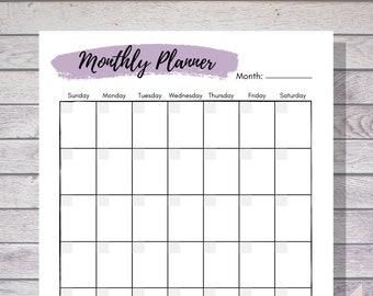 May include: A printable monthly planner with a purple watercolor design. The planner has a section for notes and a grid for each day of the week.
