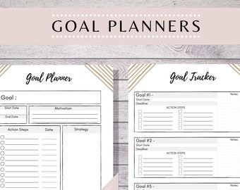 May include: Two printable goal planners with the text "GOAL PLANNERS" at the top. The left planner is a "Goal Planner" with sections for goals, start and end dates, and action steps. The right planner is a "Goal Tracker" with sections for goals, deadlines, and action steps. Both have "INSTANT DOWNLOAD" text.