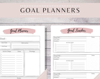 May include: Two printable goal planners with the text "Goal Planner" and "Goal Tracker" in a soft pink banner. The planner includes sections for goals, action steps, dates, and notes. The words "Instant Download" are also visible.