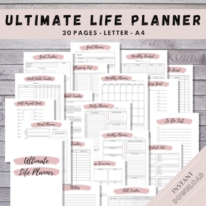 May include: A printable planner with 20 pages, designed for letter-sized paper. The planner includes pages for goal tracking, habit tracking, meal planning, budgeting, daily and weekly scheduling, and more. The pages are black and white with a simple design.