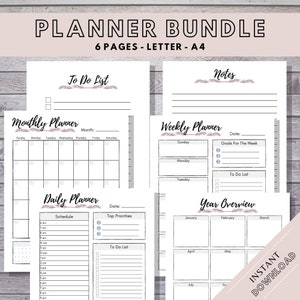 May include: A printable planner bundle with six pages in letter size. The pages include a to-do list, monthly planner, weekly planner, daily planner, and year overview. The pages are decorated with a simple floral design.
