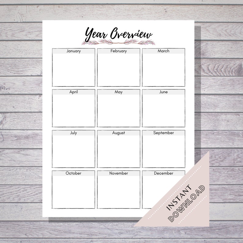 May include: A printable year overview planner with a floral design. The planner is divided into 12 sections, one for each month of the year. The months are labeled January through December.