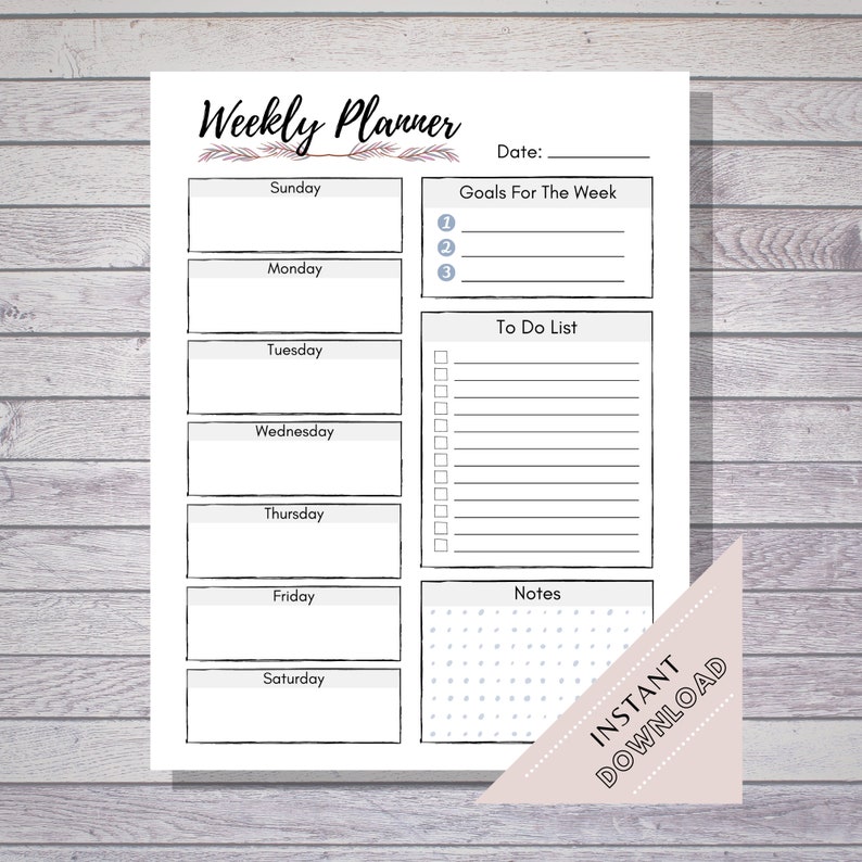 May include: A printable weekly planner with sections for Sunday through Saturday, goals for the week, a to-do list, and notes. The planner has a simple design with black lines and a light gray background.