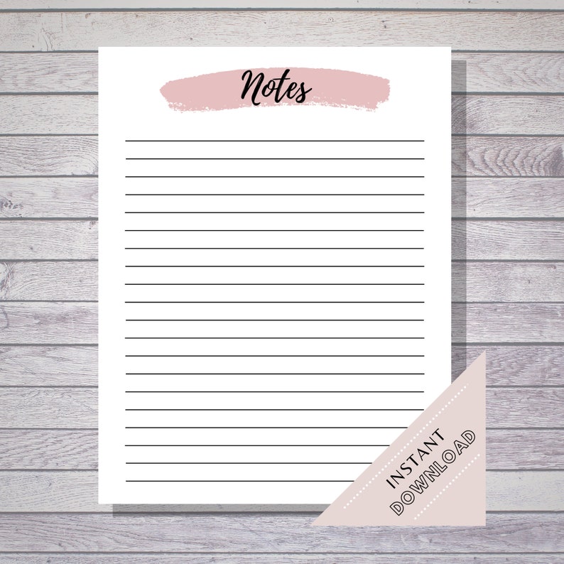 K&ouml;nnte beinhalten: Druckbare, linierte Notizseite mit einem rosa Pinselstrich und dem Wort "Notes" in schwarzem Text. Die Seite hat eine Ecke mit den Worten "Sofort Download" in einem hellrosa Dreieck.